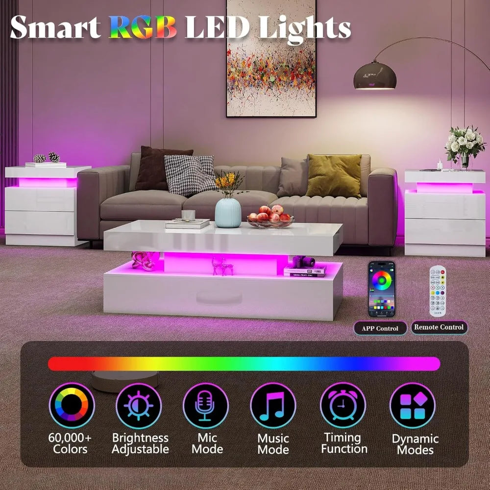 High Gloss 3 Piece LED Coffee Table Set With End Tables