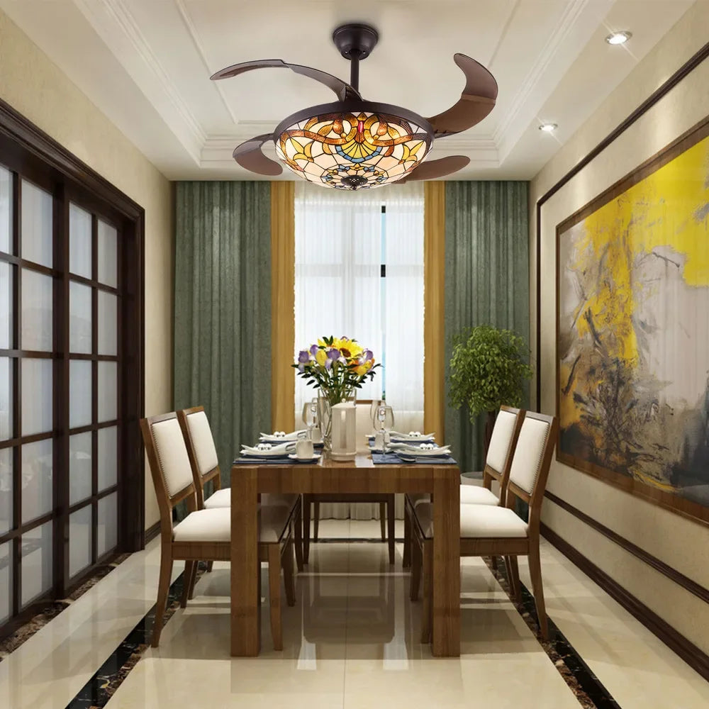 Bymaocar Tiffany Ceiling Fan With LED Light And Remote