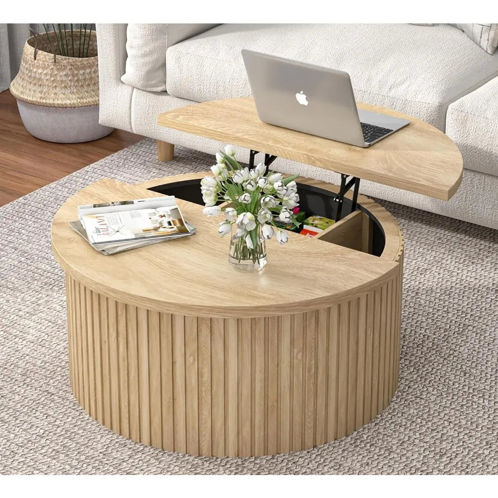 Farmhouse Round Fluted Lift Top Coffee Table With Storage