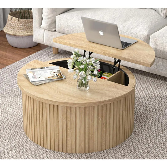 Farmhouse Round Fluted Lift Top Coffee Table With Storage
