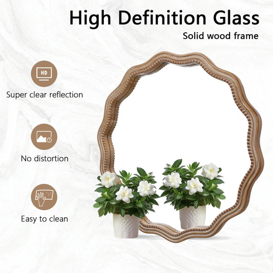 Wavy Scalloped Edge Round Wood Wall Mirror