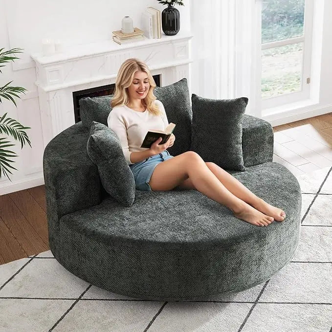 Oversized Round Swivel Chaise Longue Indoor Upholstered Chenille Deep Seat