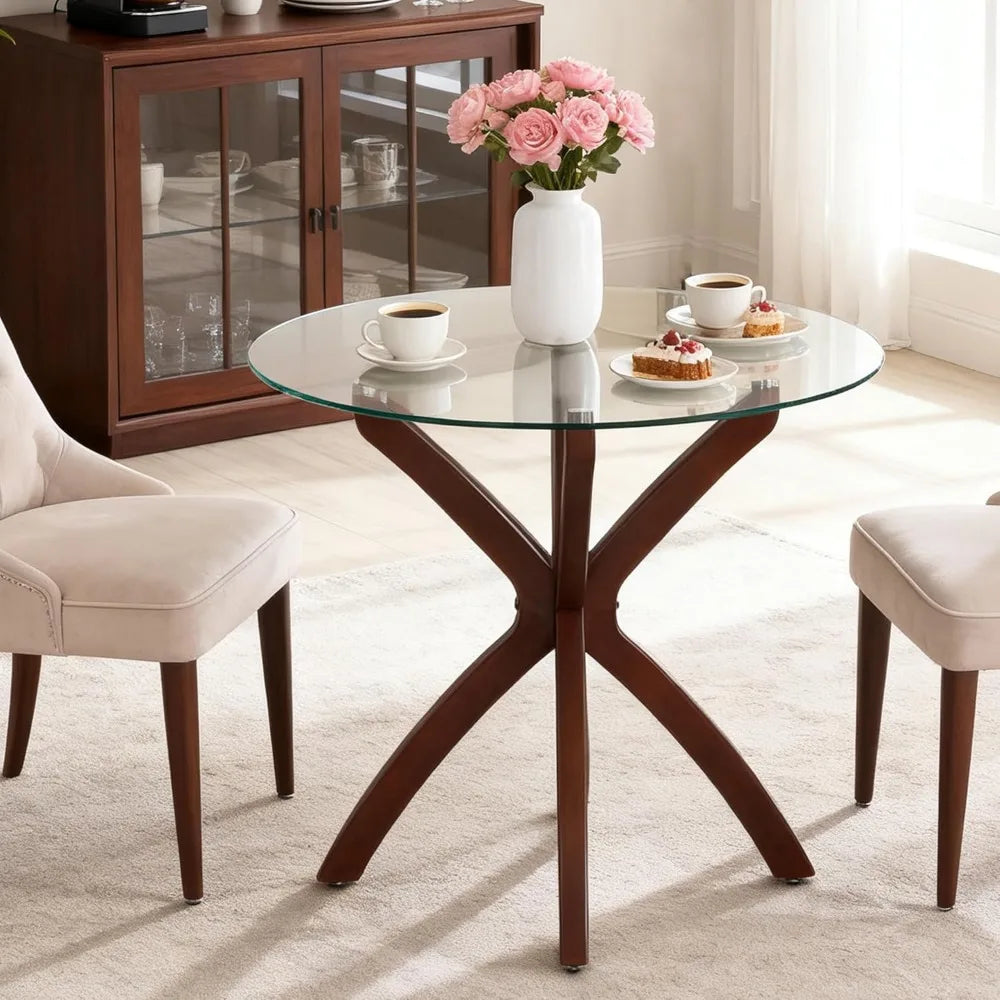 ZHUXIANG Round Glass Dining Table With Solid Wood Legs