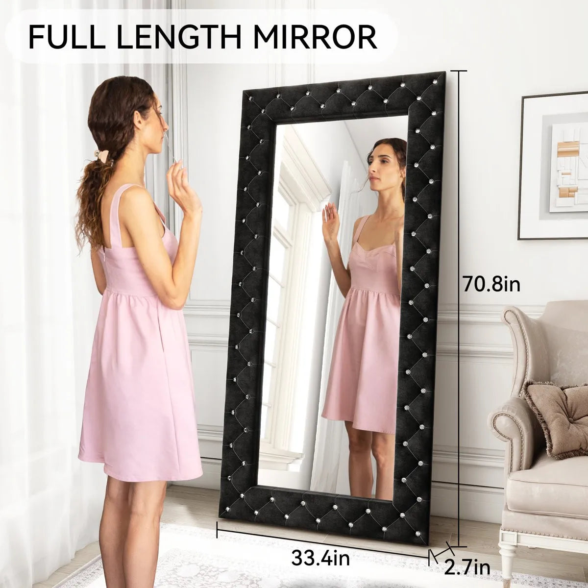 SHYFOY Black Rectangle Crystal Tufted 71" H Large Floor Mirror