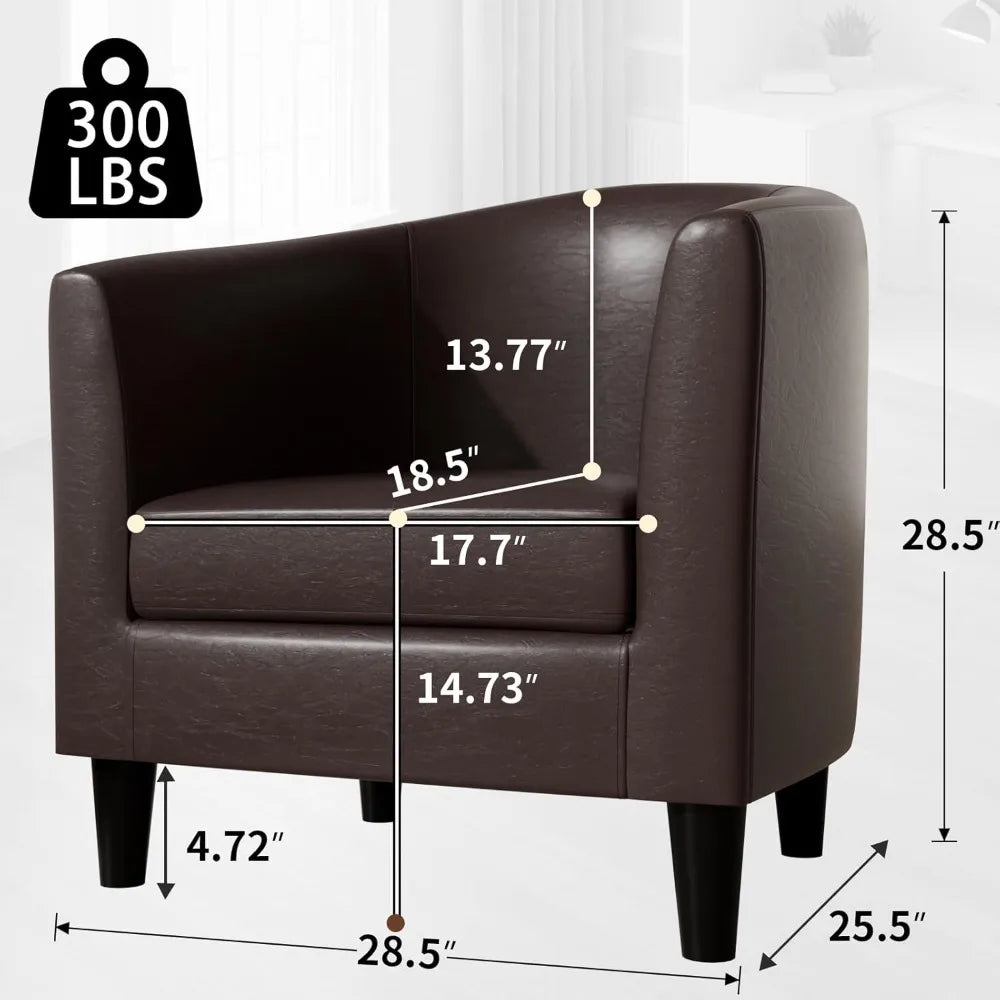Barrel Leather Accent Chair With Solid Wood Legs Padded Seat