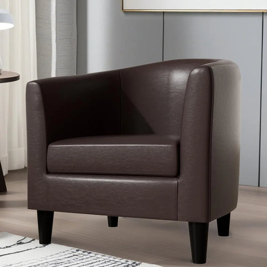 Barrel Leather Accent Chair With Solid Wood Legs Padded Seat