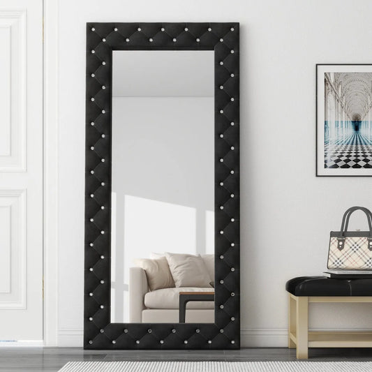 SHYFOY Black Rectangle Crystal Tufted 71" H Large Floor Mirror