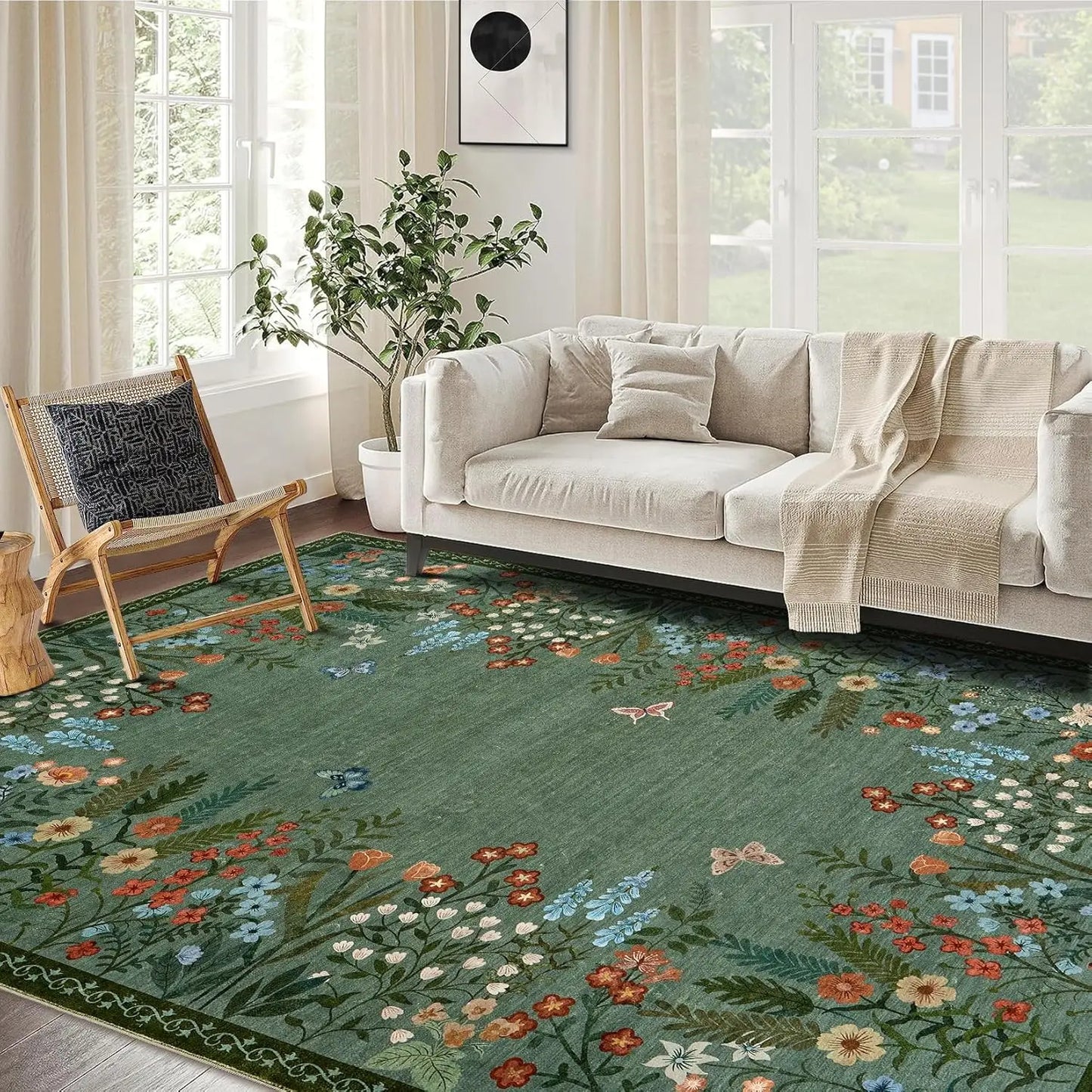 HiMISS Boho Washable Floral Area Rug Non Slip Indoor Carpet