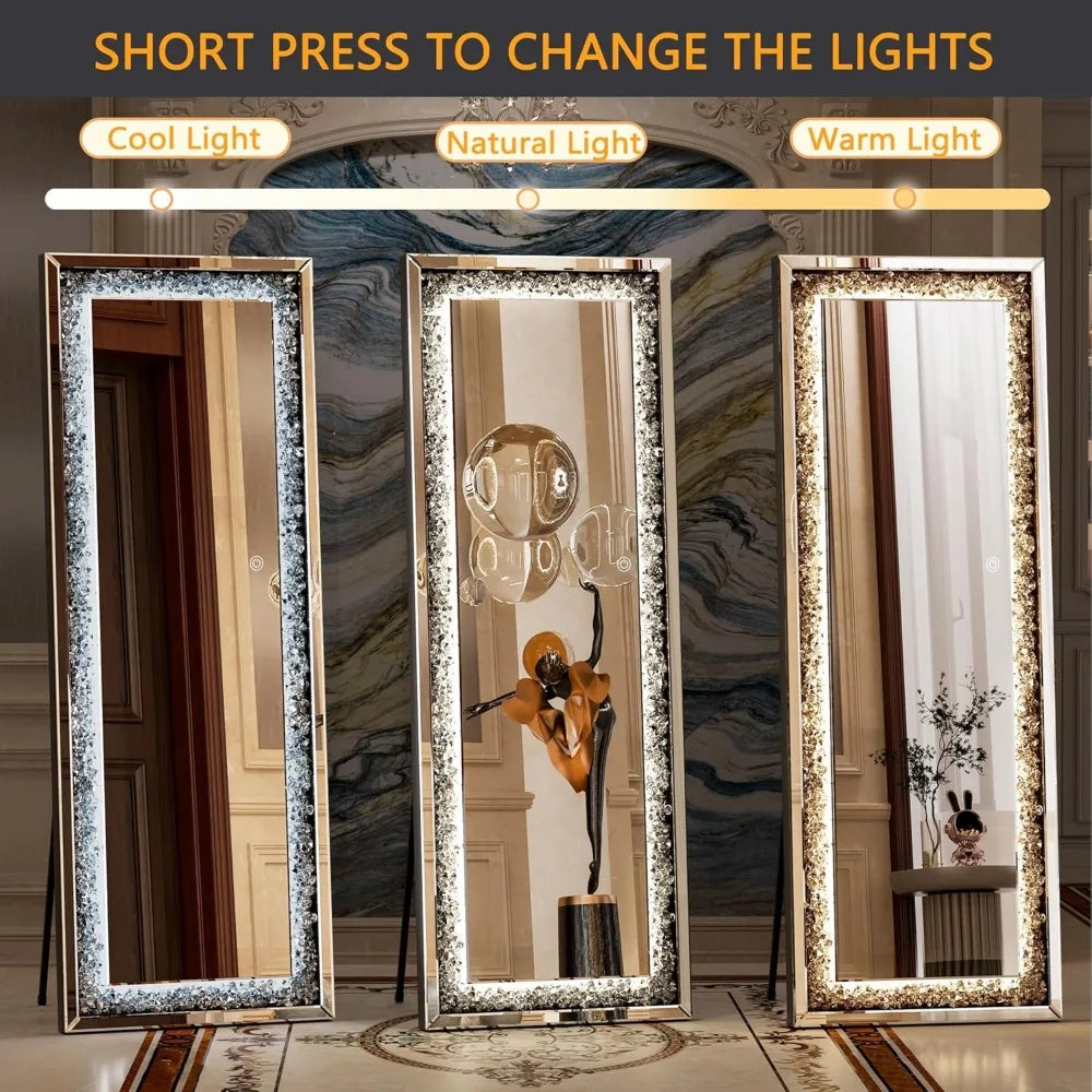 XMSJH Full Length Lighted Crystal Diamond Wall Leaning Mirror