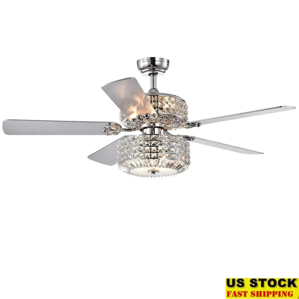 XMSJ Elegant Chrome Ceiling Fan With Crystal Lights Remote