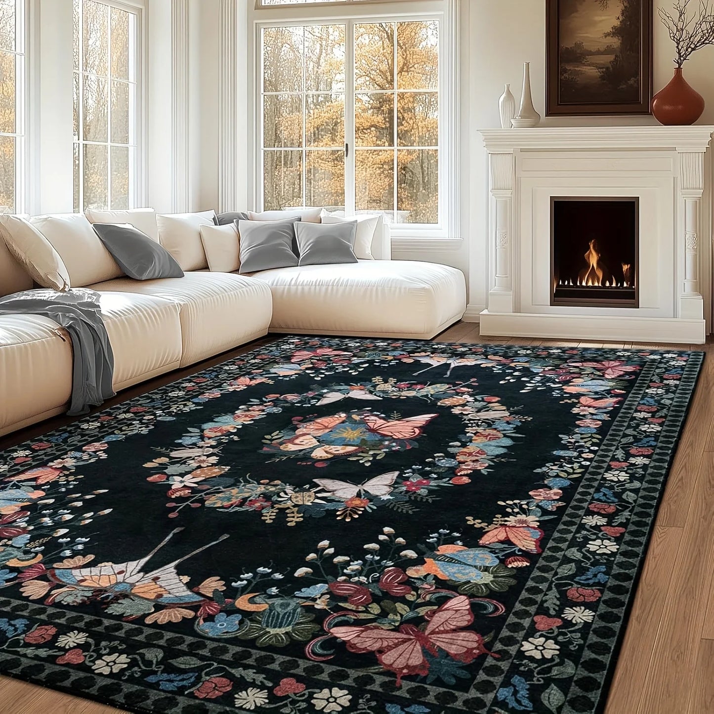 Gnizama Butterfly Floral Living Room Area Rug Modern Washable