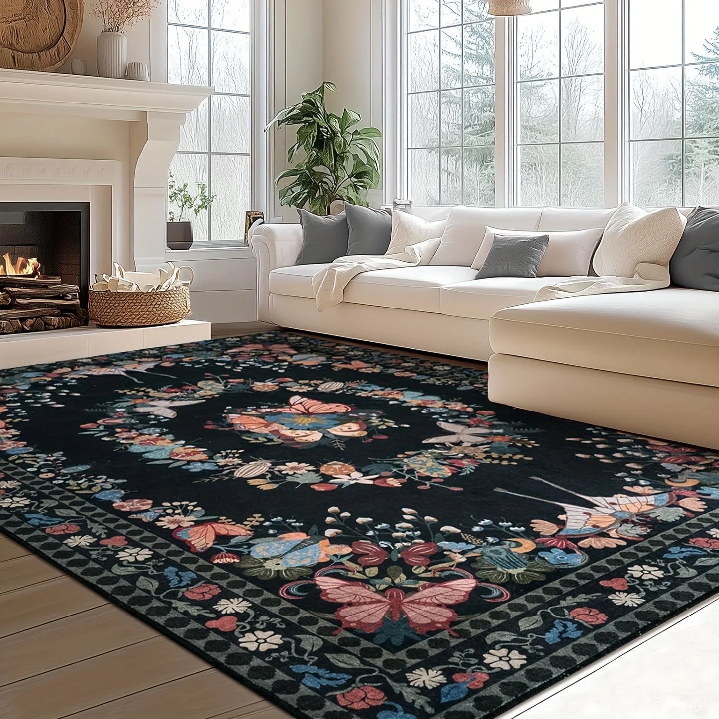 Gnizama Butterfly Floral Living Room Area Rug Modern Washable