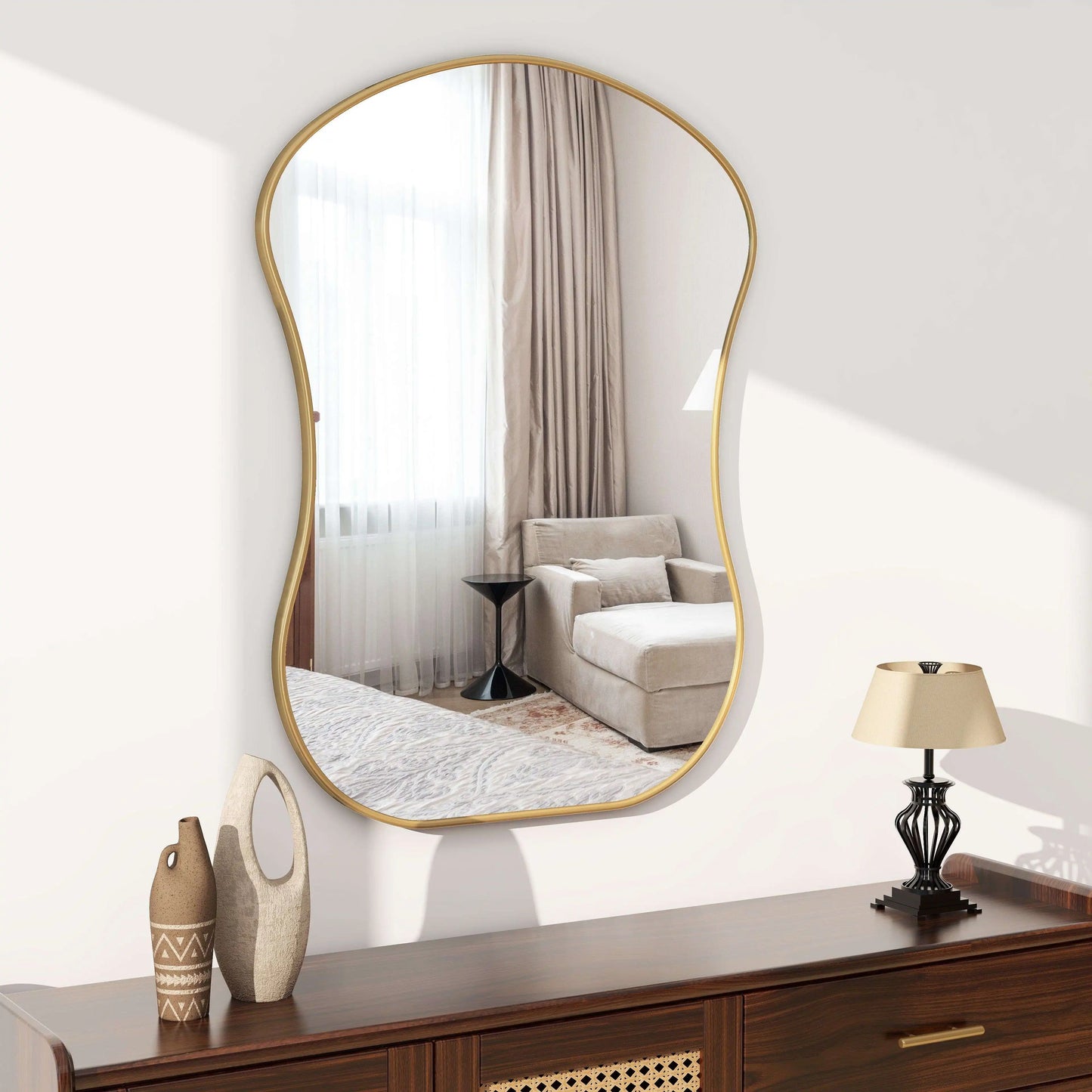 SHYFOY Wave Shaped Gold Frame Accent Wall Mirror