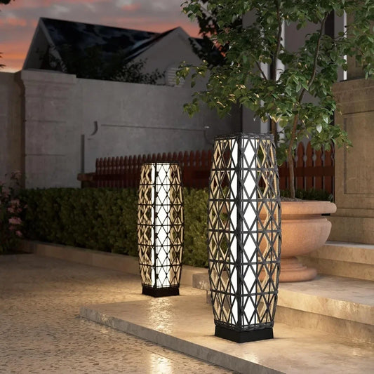 Cindy Outdoor Solar Powered Woven Wicker Lantern Floor Lamp