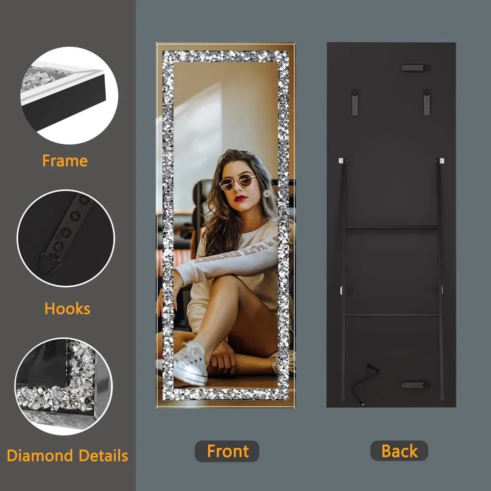 XMSJH Full Length Lighted Crystal Diamond Wall Leaning Mirror