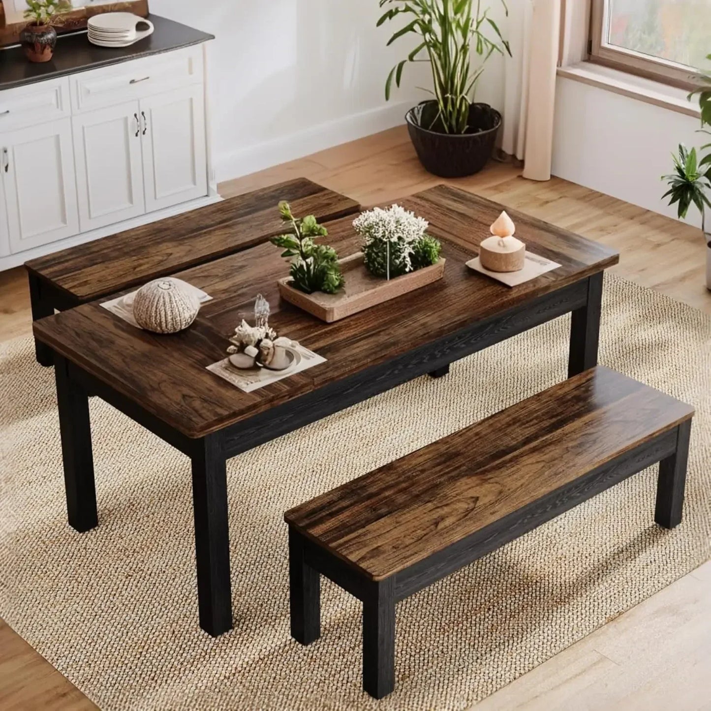 LITTLE TREE Farmhouse Dining Table Set With Benches