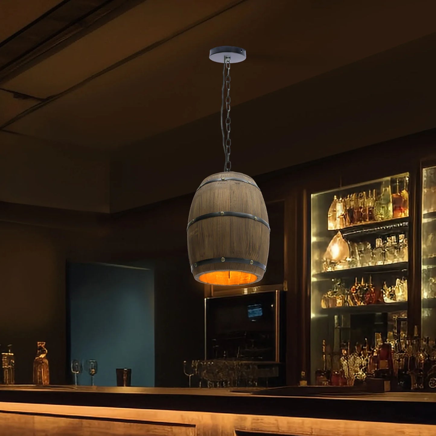 Industrial Wood Wine Barrel Pendant With Adjustable Chain