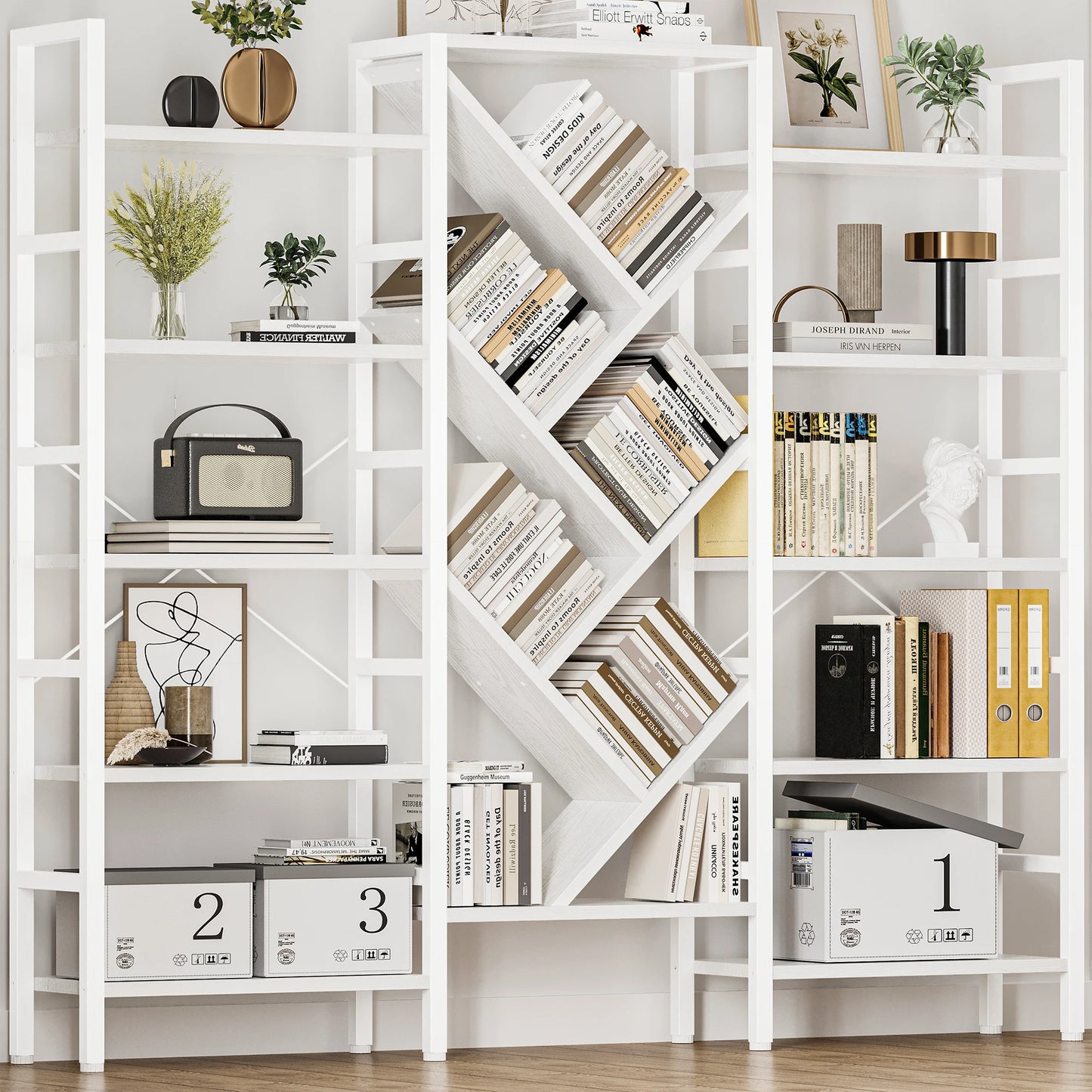 Finishes 5 Tier Triple Bookshelf Modern Tree Wood Bookcase