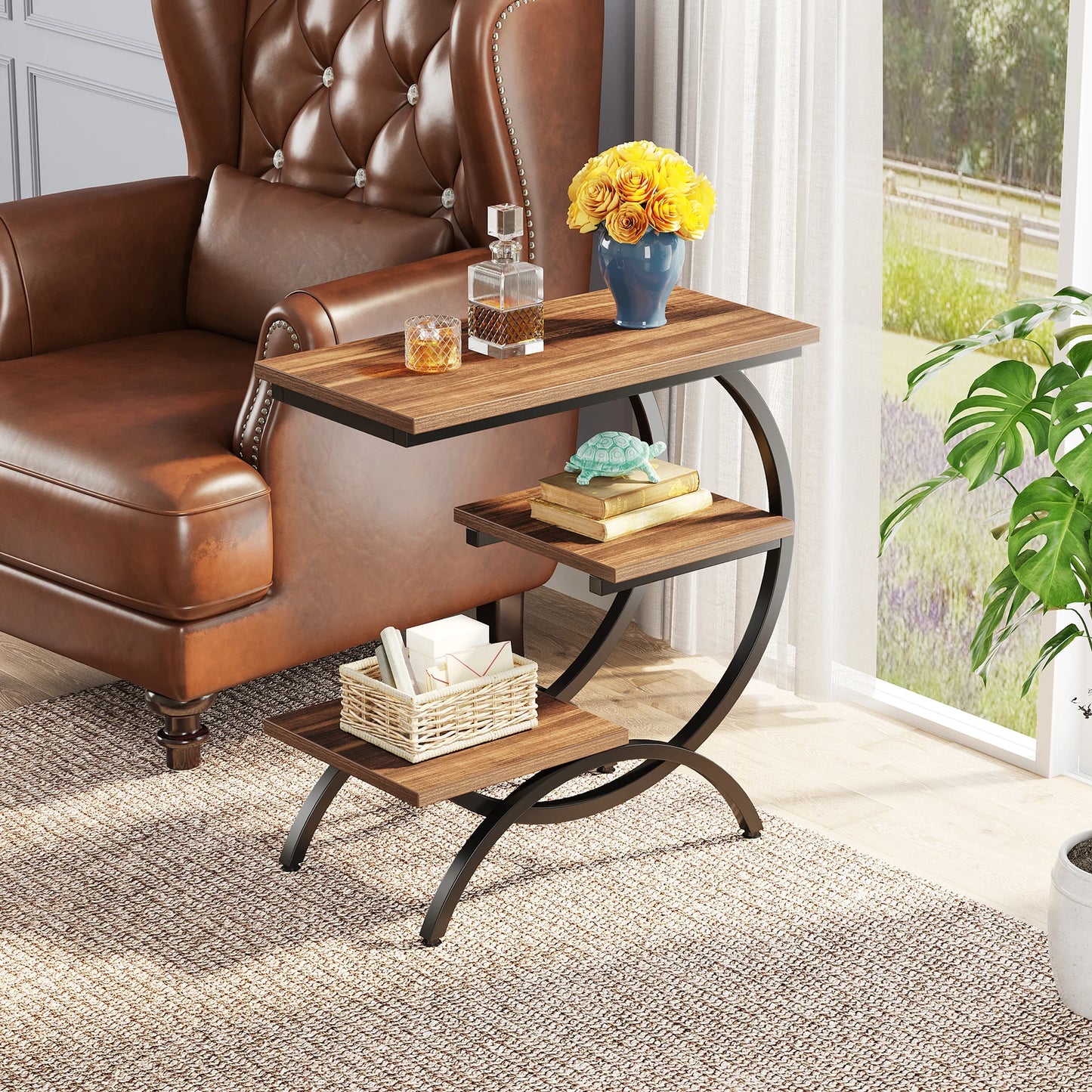 Tribesigns C Shaped End Table Industrial 3 Tier Sofa Table