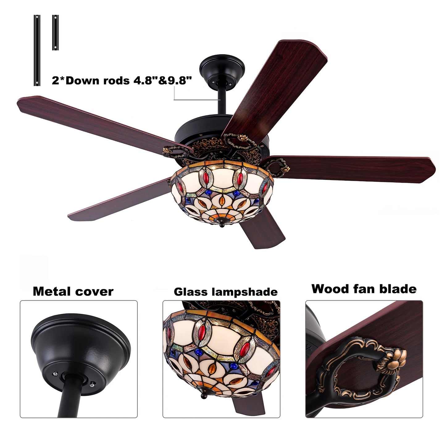 Bymaocar Tiffany Ceiling Fan With Remote Control Three Lights