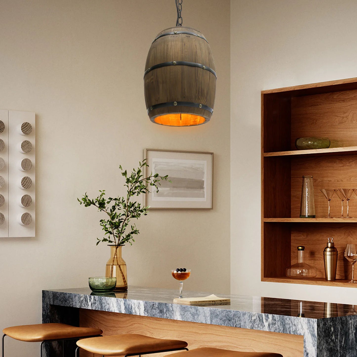 Industrial Wood Wine Barrel Pendant With Adjustable Chain