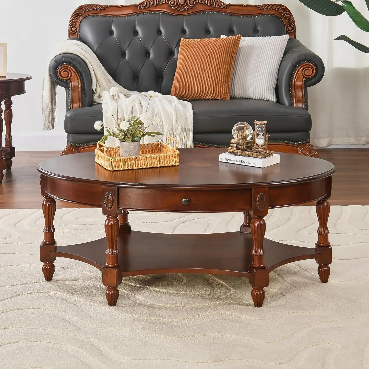XMSJ Oval Coffee Table Cherry Solid Wood With Storage Drawer
