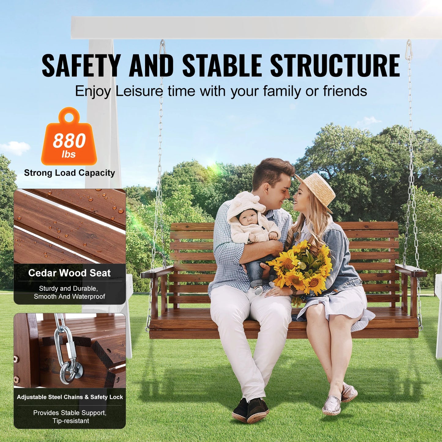 SucceBuy Wooden Porch Swing Outdoor Patio Bench For Courtyard