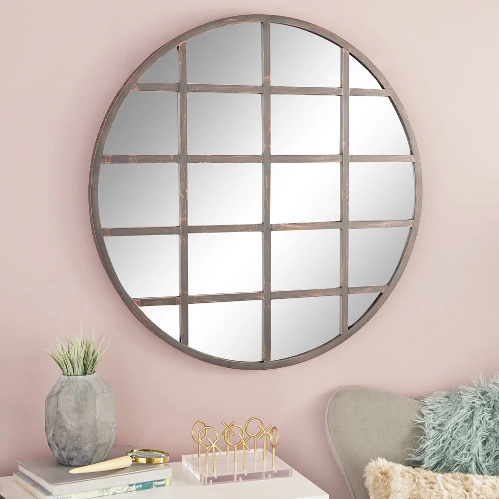 Industrial Grid Framed Wall Mirror Decorative Entryway Accent