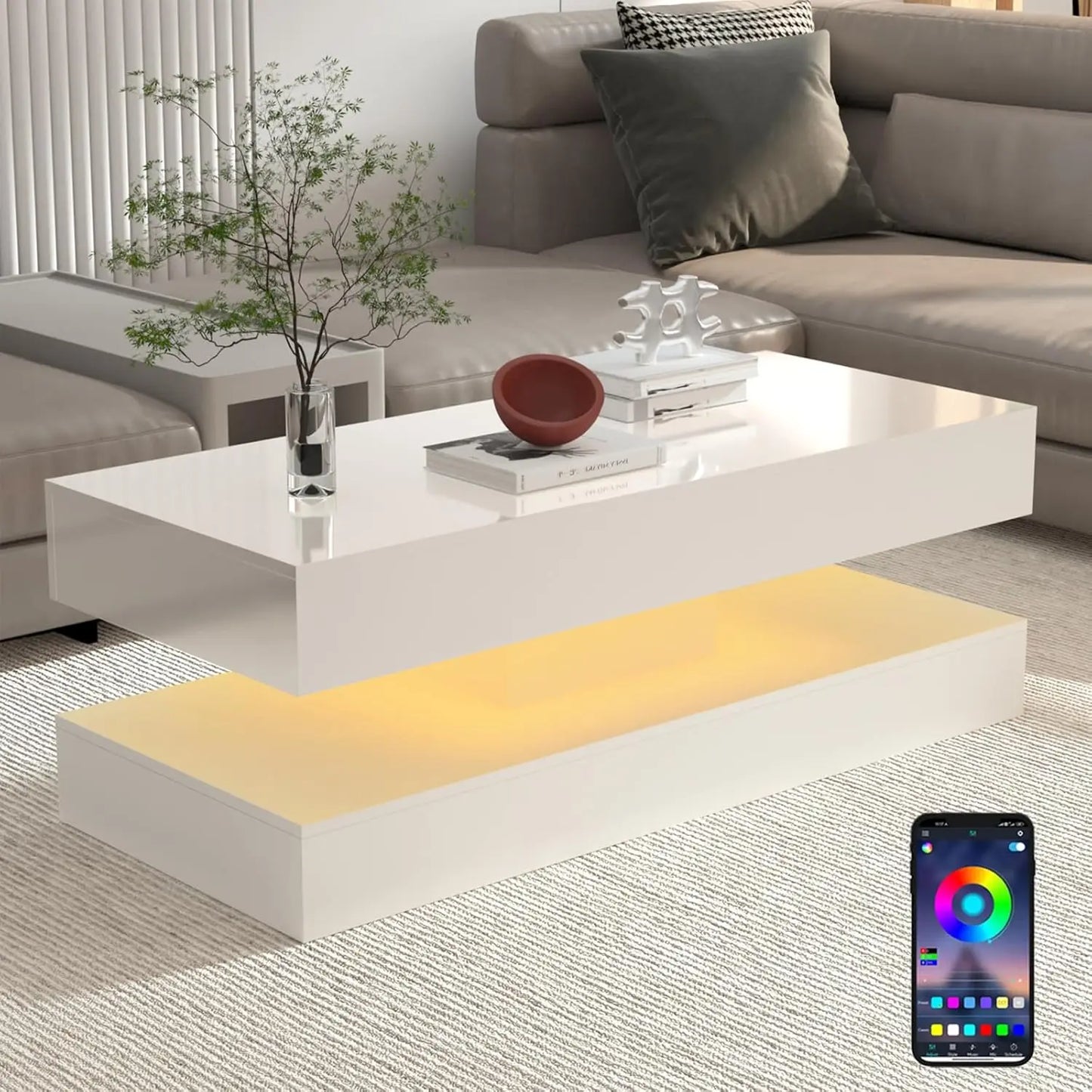 QiaoShiRen Modern LED Coffee Table Double Storage Drawers