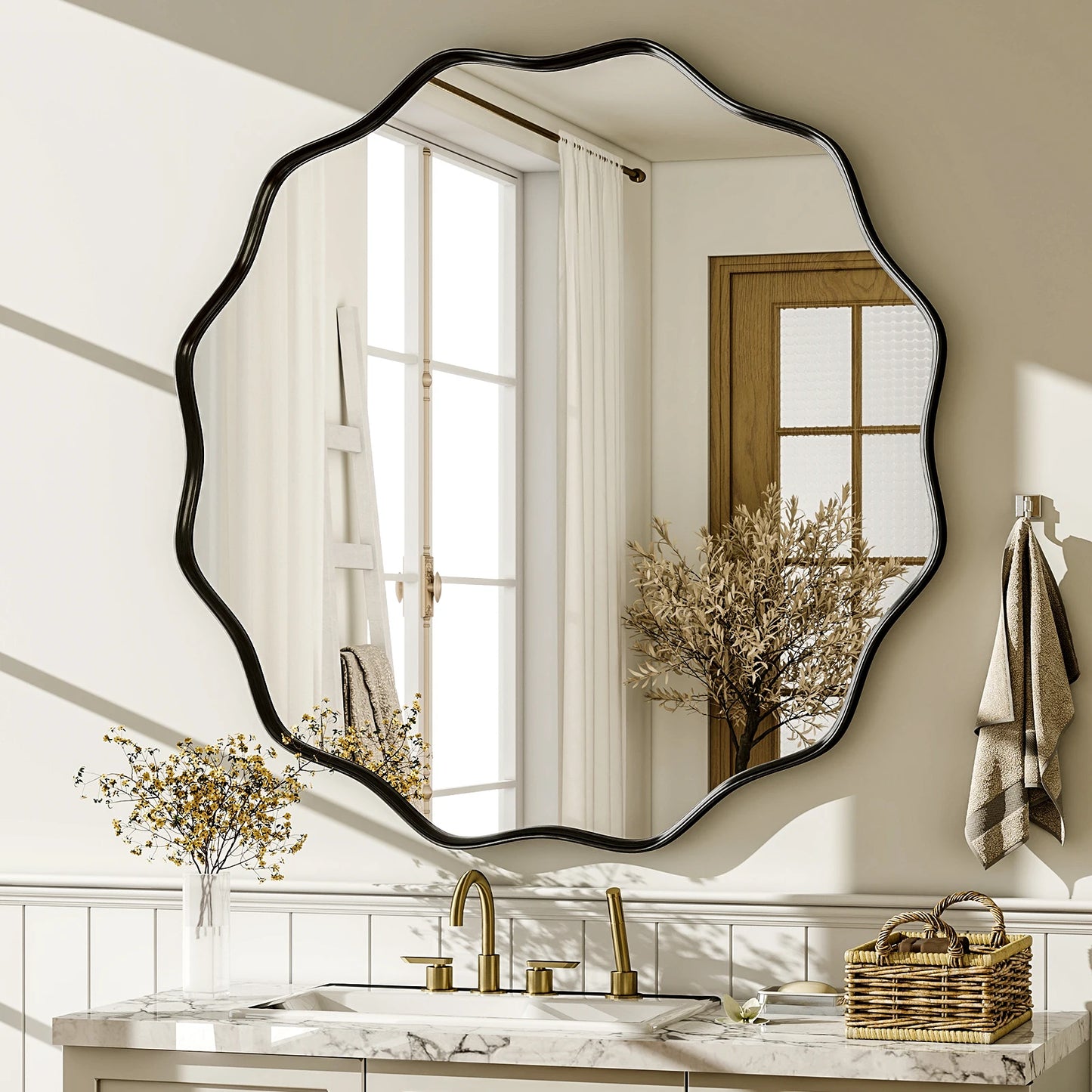 Beautypeak Wavy Round Bathroom Mirror With Deep Frame