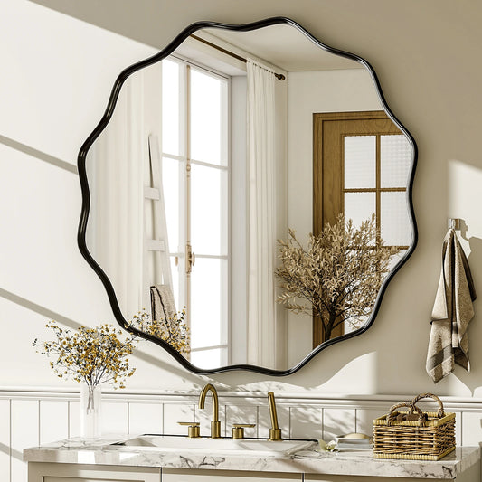 BEAUTYPEAK Wavy Round Bathroom Mirror With Deep Frame