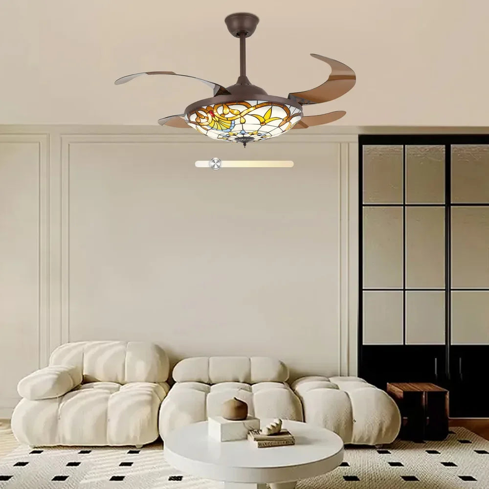 Bymaocar Tiffany Ceiling Fan With LED Light And Remote