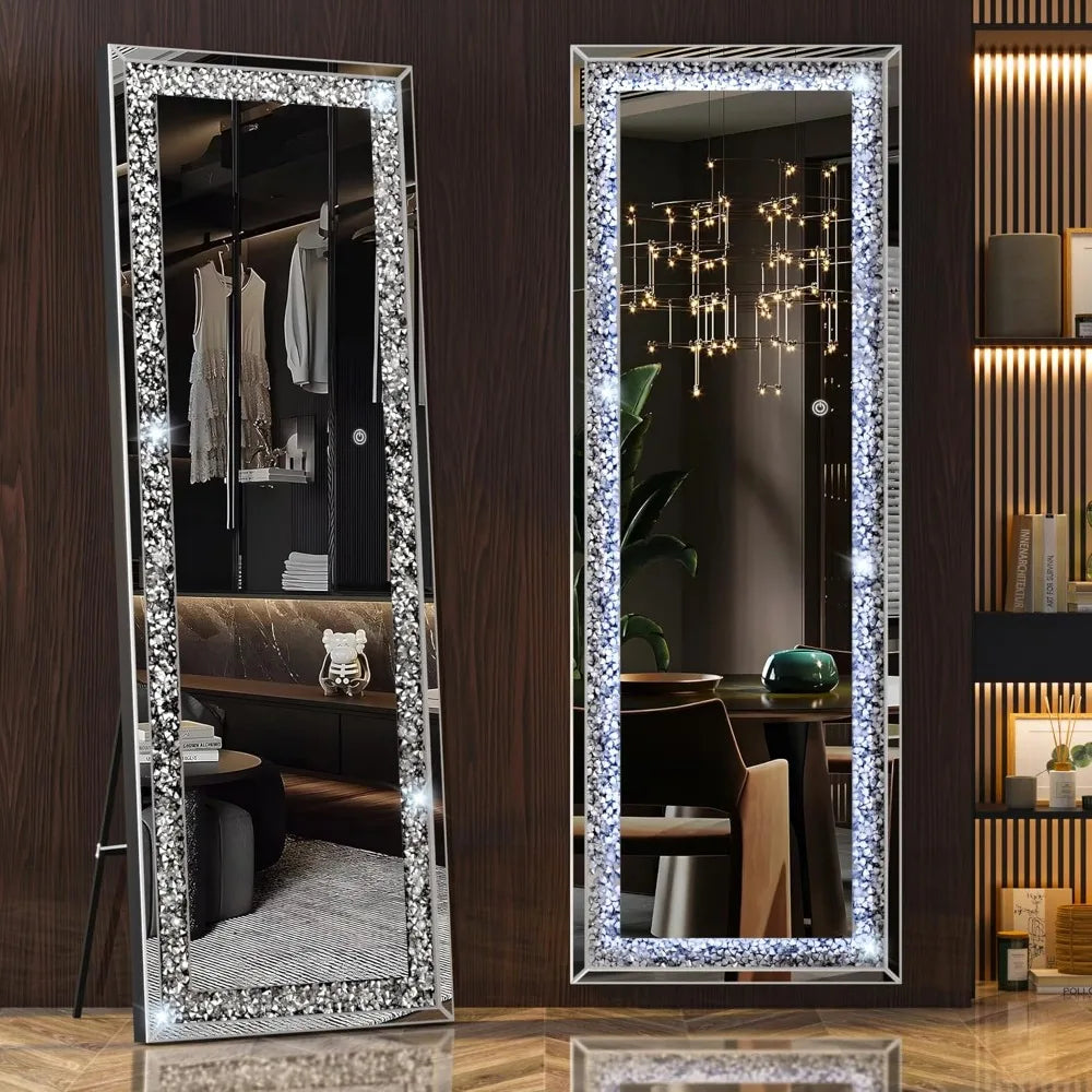 XMSJH Full Length Lighted Crystal Diamond Wall Leaning Mirror