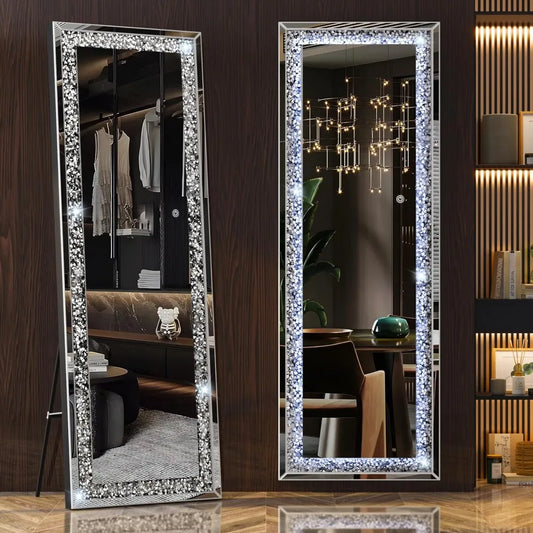 XMSJH Full Length Lighted Crystal Diamond Wall Leaning Mirror