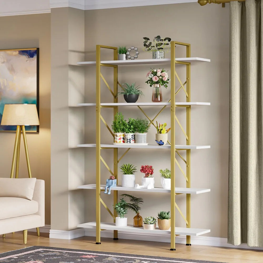 5-Tier Open Bookshelf Etagere Modern MDF Metal Storage Rack