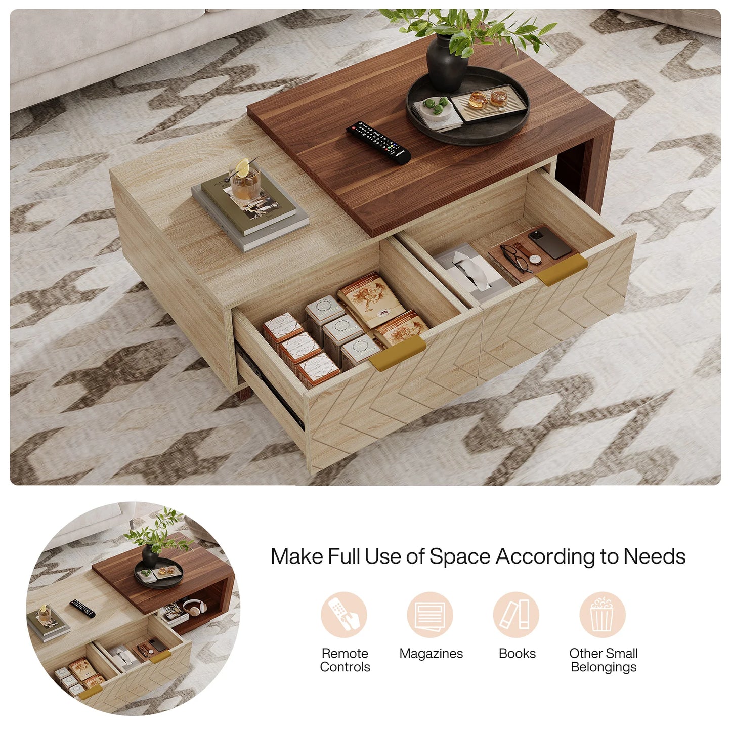 Tribesigns Extendable Coffee Table With 2 Storage Drawers