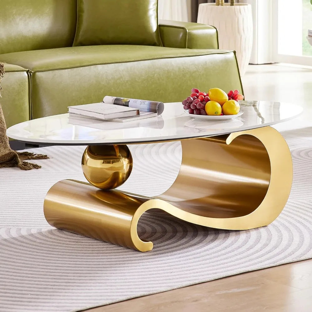 General Use Faux Marble Coffee Table With Metal Base