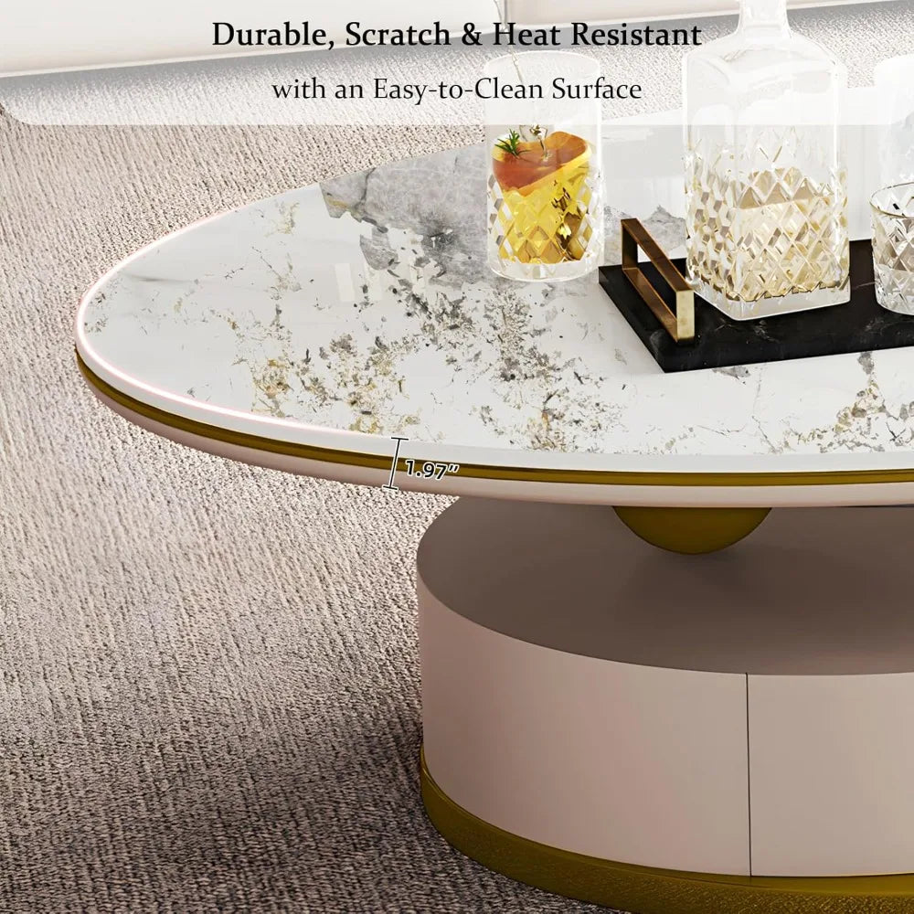Luxury Marble Coffee Table With Drawer And Metal Base