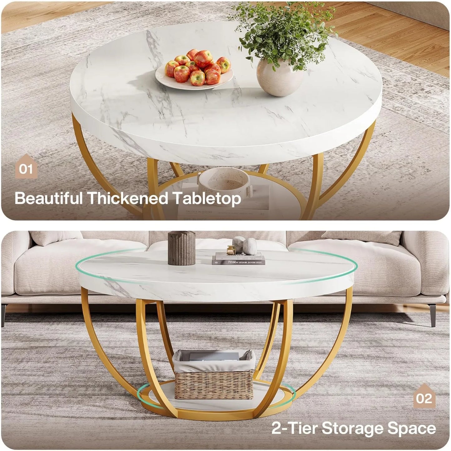 Hign-concerned Faux White Marble Two-Tier Coffee Table With Metal Legs