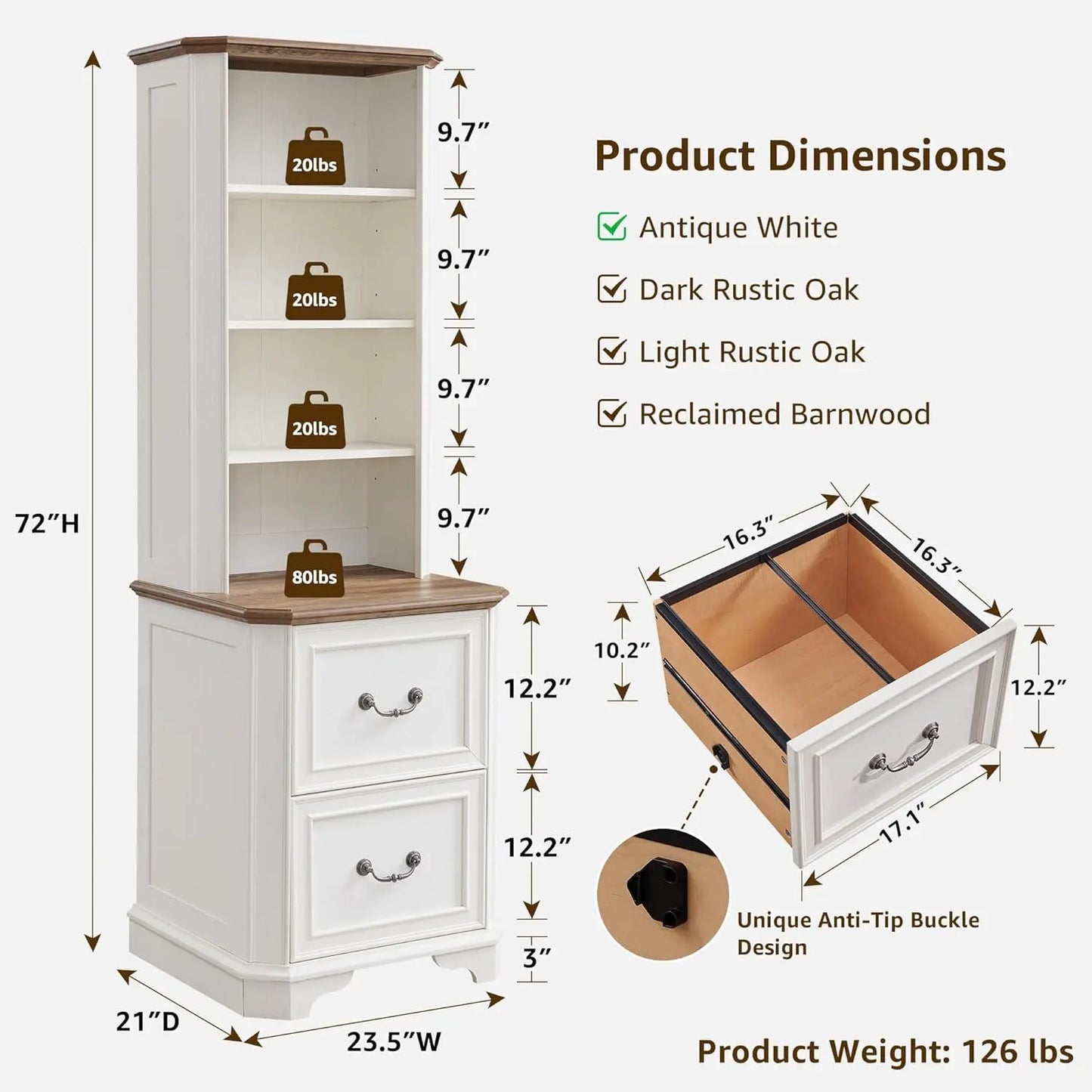 XMSJH Farmhouse Bookcase With File Drawers And Shelves