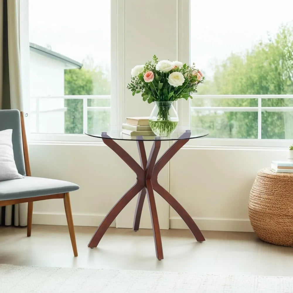 ZHUXIANG Round Glass Dining Table With Solid Wood Legs