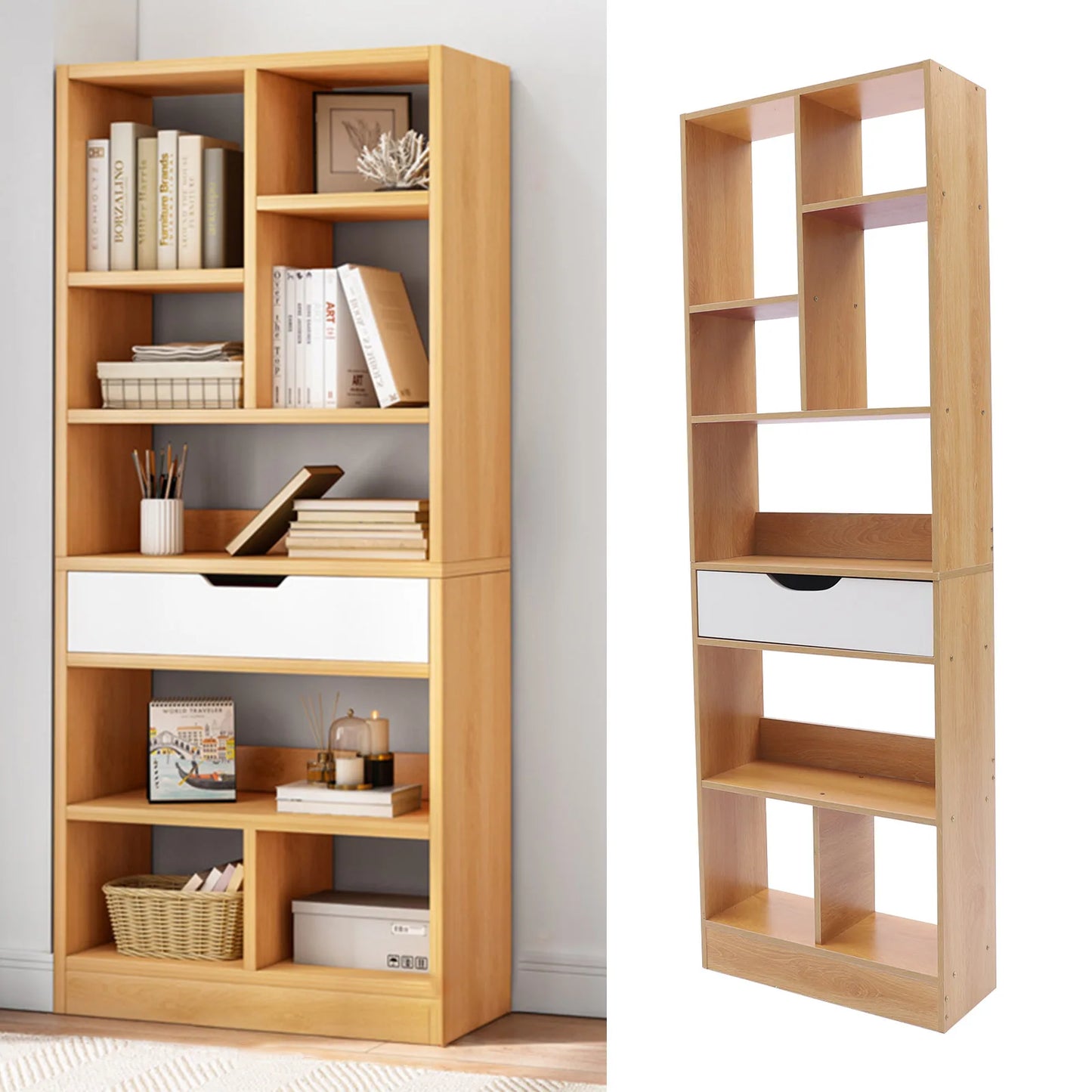 CNCEST Storage Cabinet Bookcase Organizer With Drawer MDF