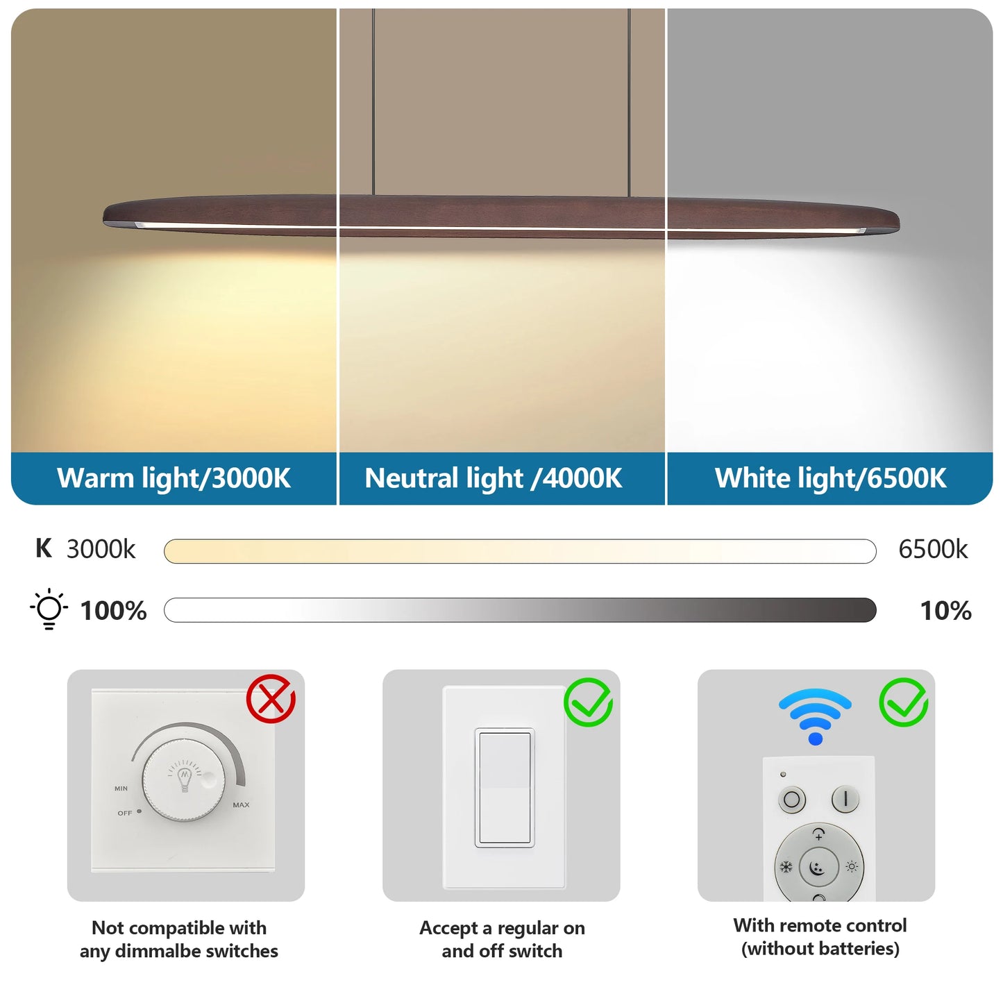 ARLGSITE Wooden Dimmable LED Pendant Light With Remote