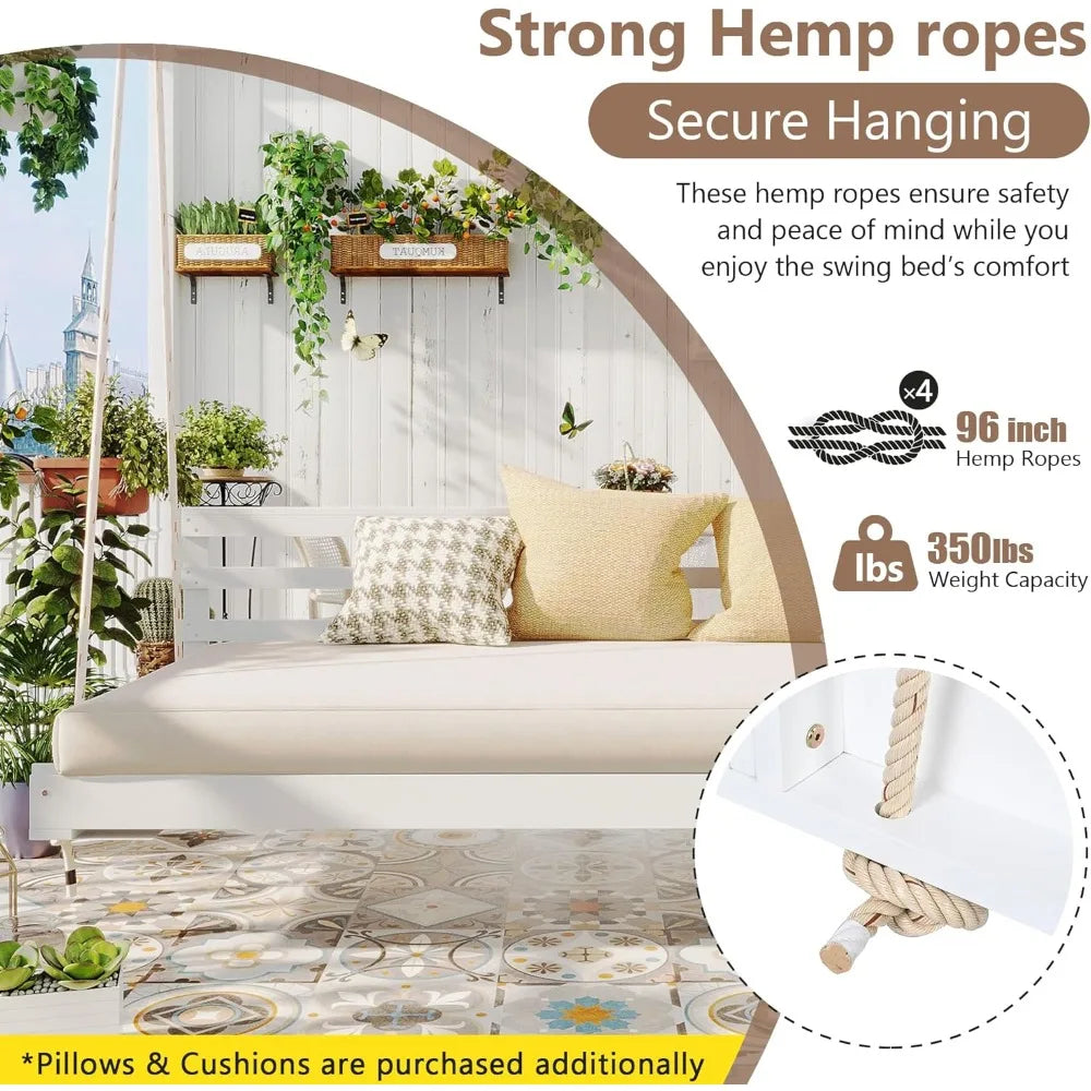 MKDK Acacia Wood Hanging Porch Swing Bed With Hemp Rope
