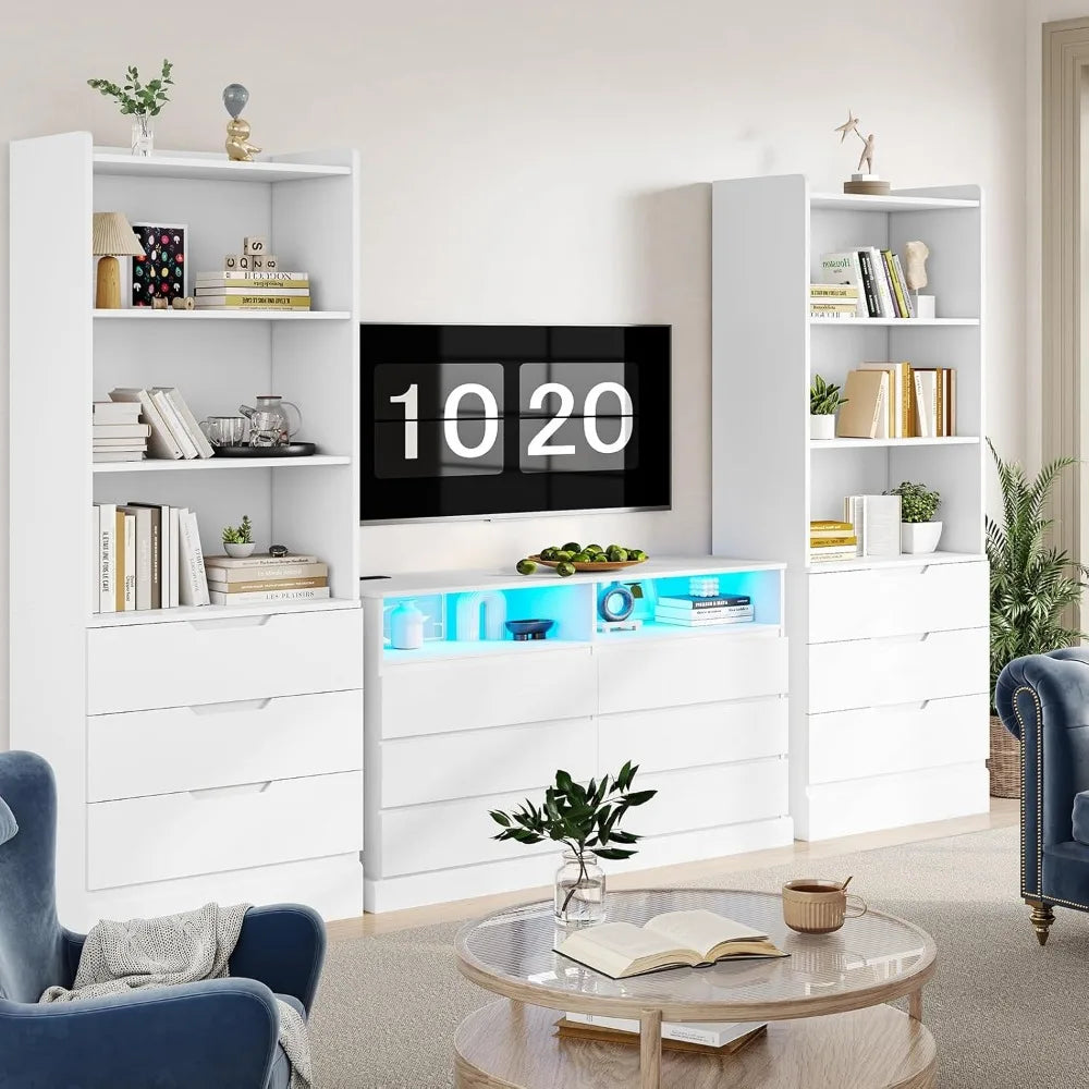 Bookcase Set Of 2 With 3 Drawers And Adjustable Shelves
