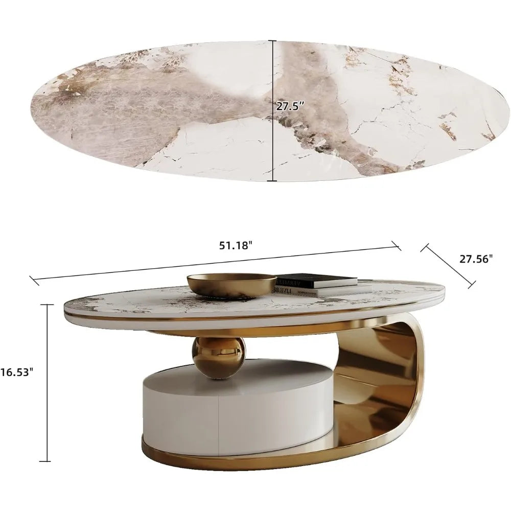 Luxury Marble Coffee Table With Drawer And Metal Base