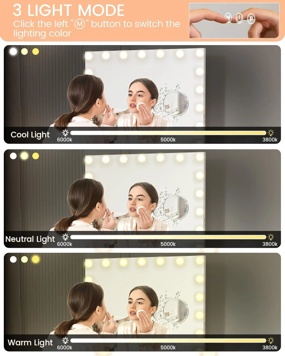 Feature Vanity Mirror With Lights Dimmable Modes 3X