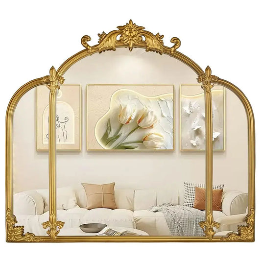 Gold Arch Wall Mirror, Vintage Ornate Baroque Mirror with Metal Frame, Decorative Vanity Mirror for Dresser, Bedroom, Bathroom,