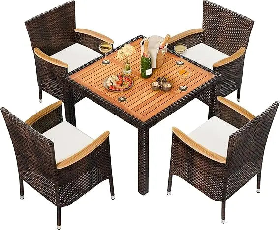 Wicker Patio Conversation Set Wooden Table And Cushions