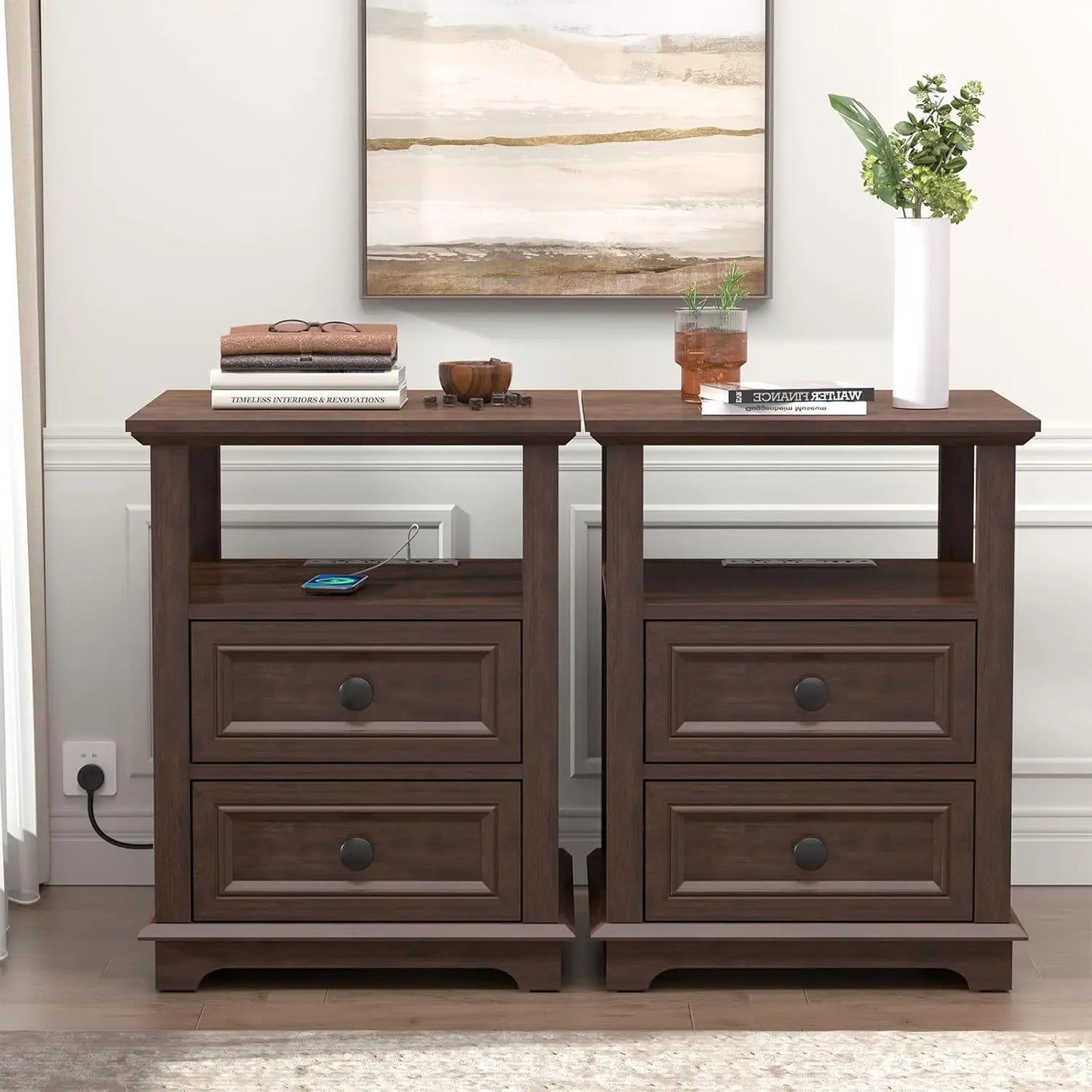 HUANZHUANG End Tables Set 2 With Drawers And Fast Charge